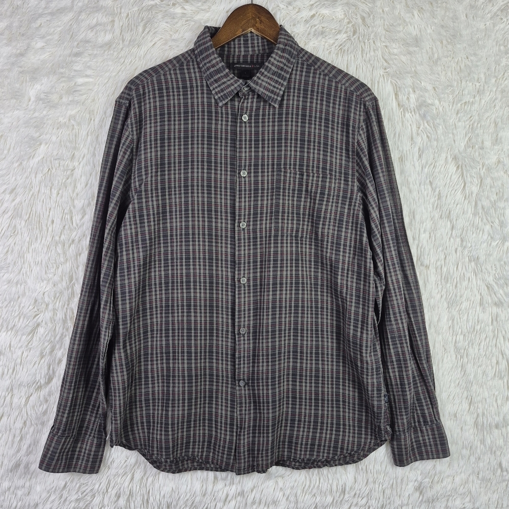 John Varvatos USA Mens L‎ Gray Grid Check Plaid Long Sleeve Button Up Indie Rock
